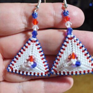 Handmade Red, White, and Blue Beaded Triangle Earrings